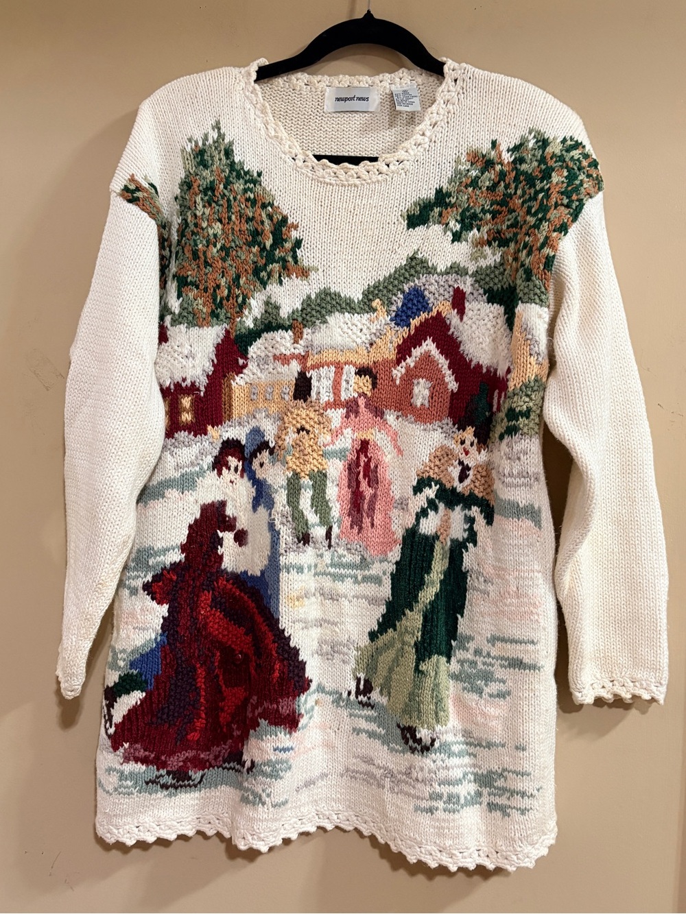 Vintage Scenic Village Sweater Knit Pullover Christmas Winter Newport News M